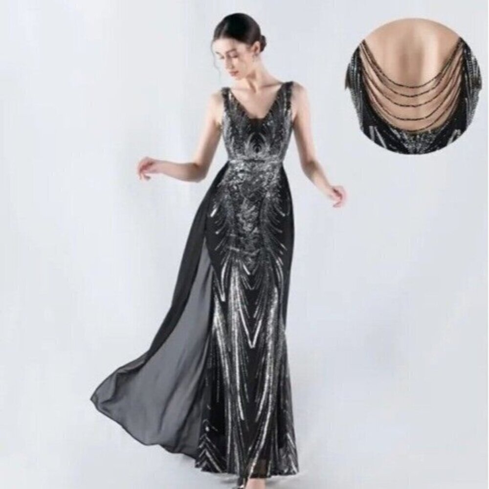 Black, Draped Skirt, Beaded Back,  V Neck,  Sleeveless, Sequined Mermaid… - Picture 8 of 12